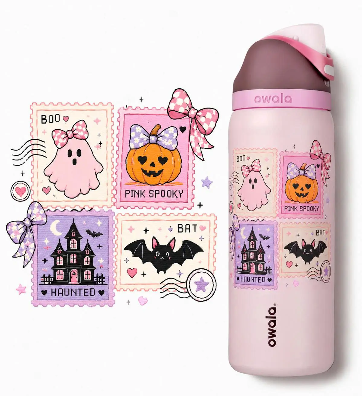 Owala Halloween Pink Ghost Pumpkin Water Bottle 24oz 32oz, Cute Spooky Design, Insulated Stainless Steel Tumbler with Straw Lid