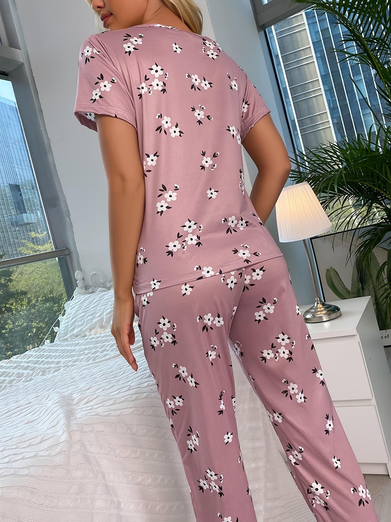 Womens Summer Sleepwear Set - Printed Round Neck Short Sleeve Top and Pants - Comfortable Home Pajama Two-Piece