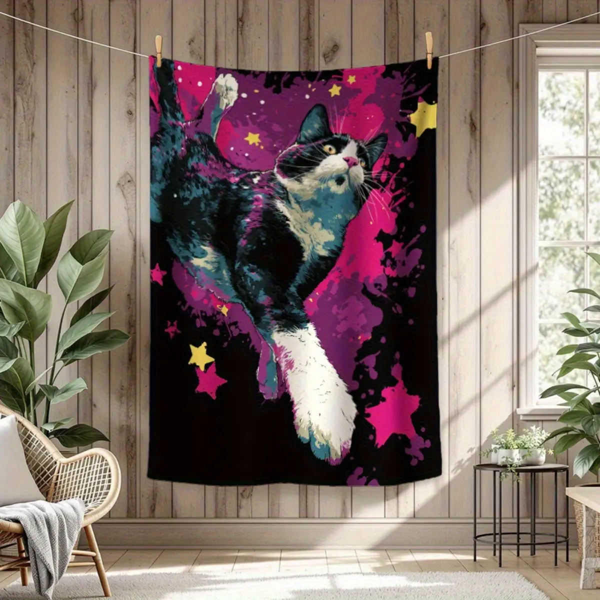 1 Piece Soft Lightweight Flannel Blanket - Sonic Technology Printed Universe Stars and Black Cat Purple Pink Galaxy Pattern, All-Season Sofa Bed Cover Suitable for Living Room, Bedroom, Travel - Machine Washable Modern Home Decoration Gift