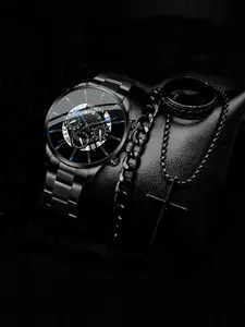 Fashion Trend Steel Belt Calendar Men's Gift Premium Watch Men's+Accessories 4-piece Set