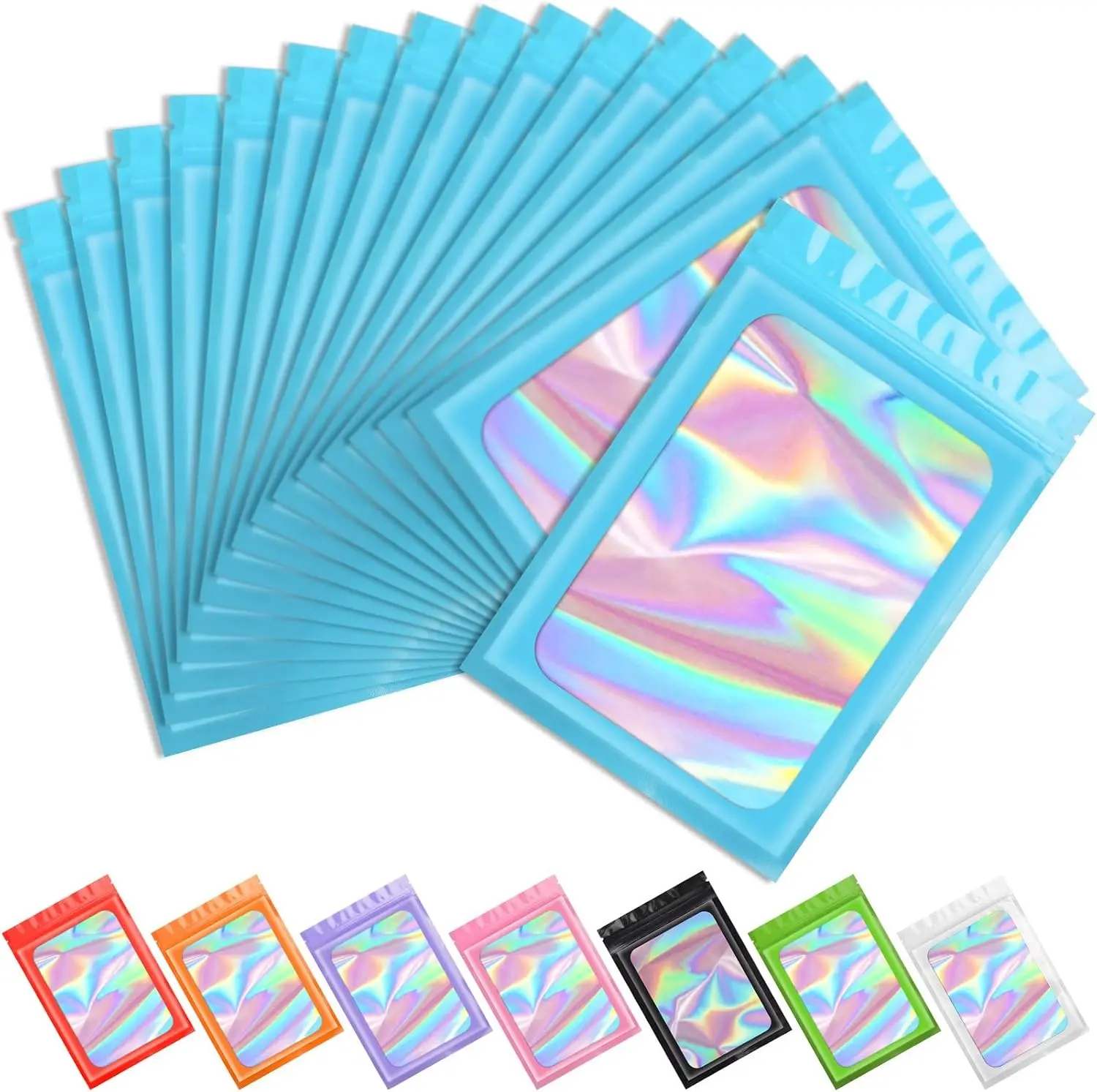 100 pcs Blue Holographic Mylar Packaging Bags,Clear Seal Resealable Bags Foil Pouch Zipper Bag for Food Storage,Lipgloss,Jewelry,Eyelash Packaging for Small Business(2.4x3.9In)