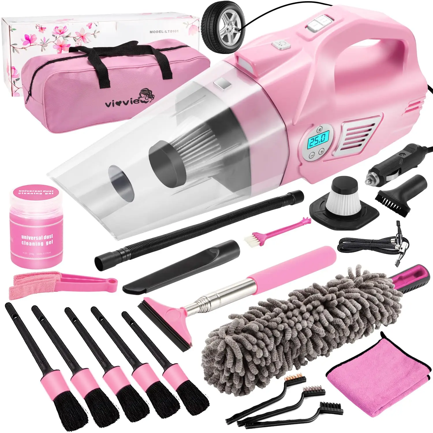 Vioview Pink Car Cleaning Kit, 21PCS Car Detailing Kit Interior Cleaner with 4-in-1 Handheld Car Vacuum Cleaner, Detailing Brush Set, Side Mirror Sque