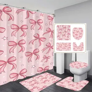 Bowknot Print Shower Curtain Set with 12 Hooks, No-Drill Bathroom Divider, Modern Home Decor, Bathroom Decoration Accessories, Gift for Friends and Family