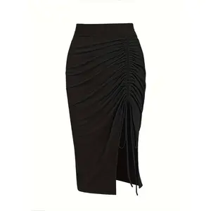 Plus Size 2024 Spring/Summer New  Solid Ruched Drawstring Split Skirt, Casual Bodycon Stretchy Skirt For Spring & Summer, Women Womenswear Bottom