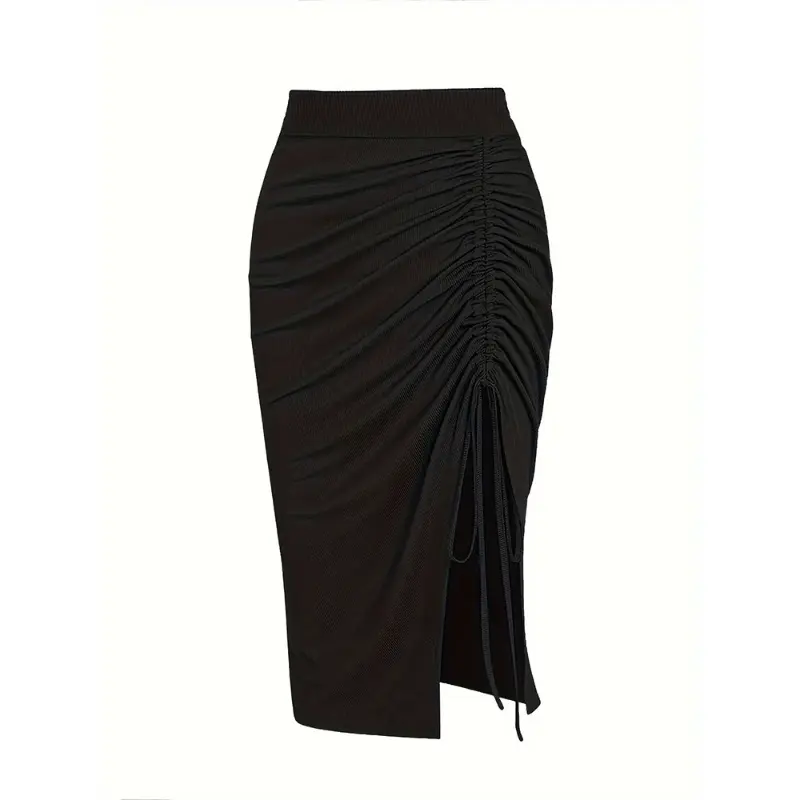 Basic Bodycon Skirt for Plus Size, Plain Jet Black High Waist with Ruched Drawstring Side Split, up to 4XL, Black_jet-Black