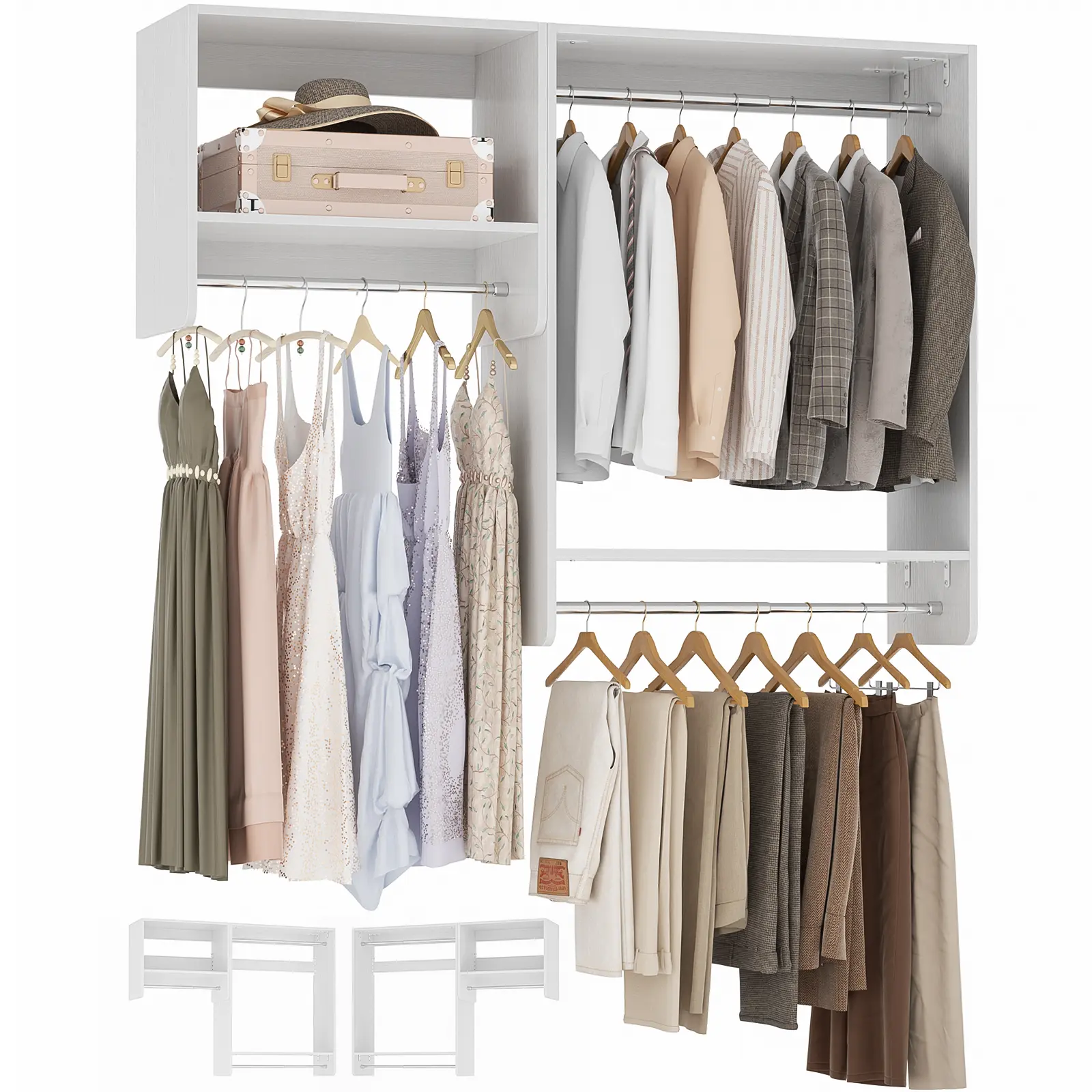 Unikito 36"-60" Heavy Duty Reversible Wood Closet System, 5FT Walk-In Closet Organizer Starter Kit with 3 Hanging Rods and 2 Shelves, Cut-to-Fit Clothing Rack, Max Load 800 LBS