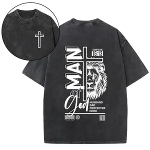 Vintage Washed "Man of God Lion Cross" Graphic Tee - Faith-Based Men's Streetwear