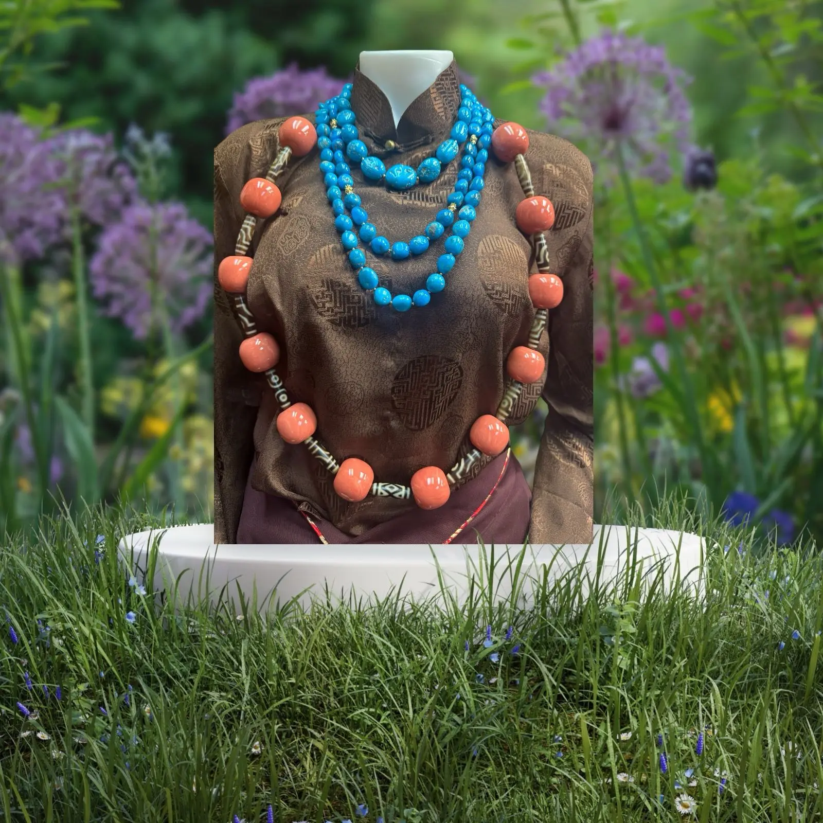 Dzi bead and coral necklace ( turquoise not included)