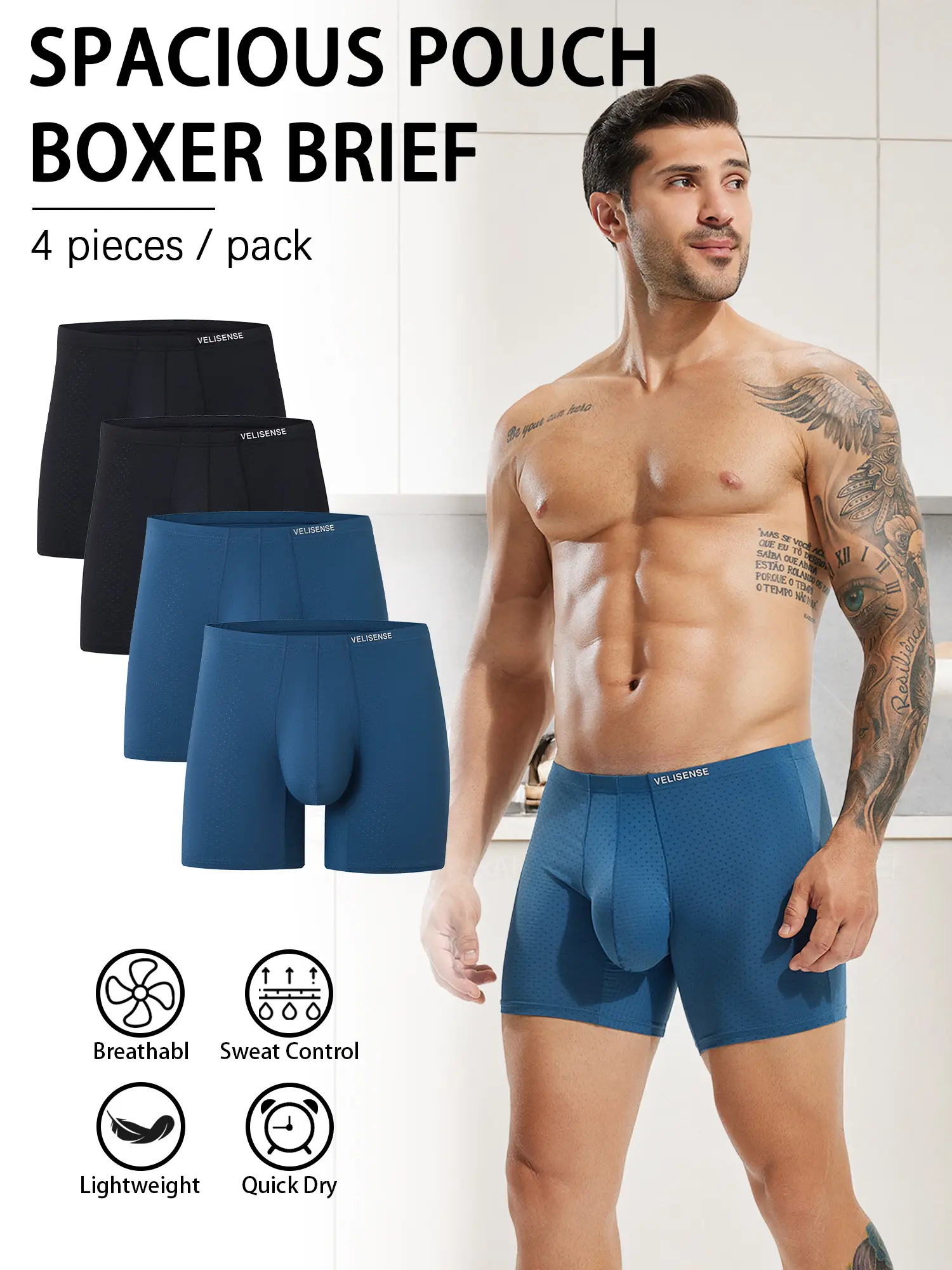 4 Pack-Men's Underwear 3D Spacious Bulge Pouch Boxer Briefs for Men Quick-Drying, Breathable
