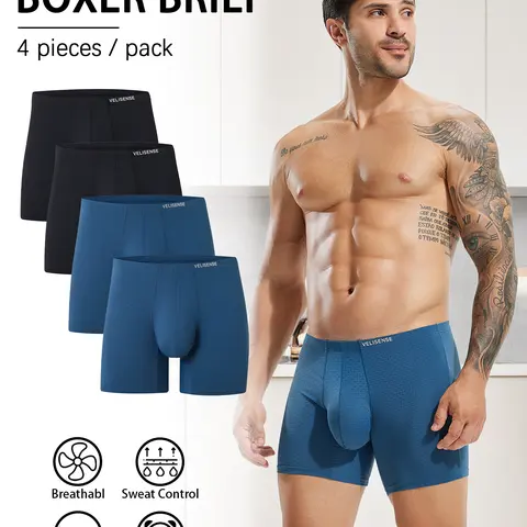 Men's 4-Pack Nylon Boxer Briefs Combo - Stylish Plain Underwear with 3D Spacious Bulge Pouch, Quick Dry, Breathable Casual Wear