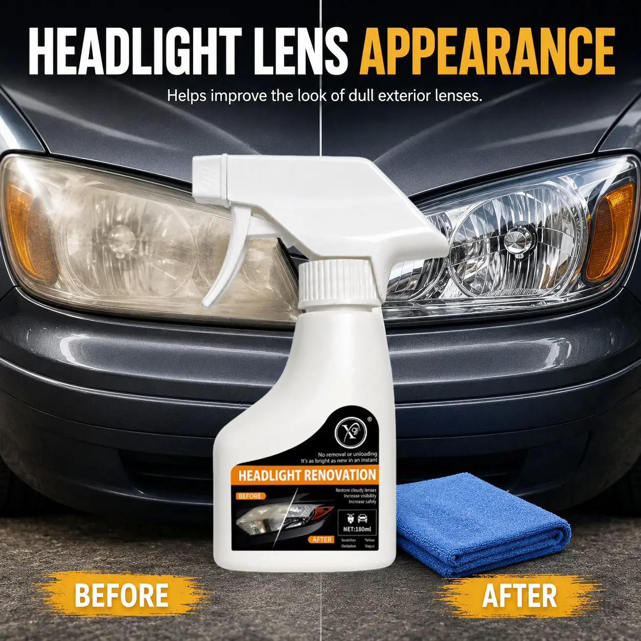 headlight restoration kit, headlight cleaner spray, foggy headlight cleaner, car headlight polish, yellowing headlight remover, cloudy headlight repair, headlight oxidation remover, auto lens restorer, DIY headlight repair kit