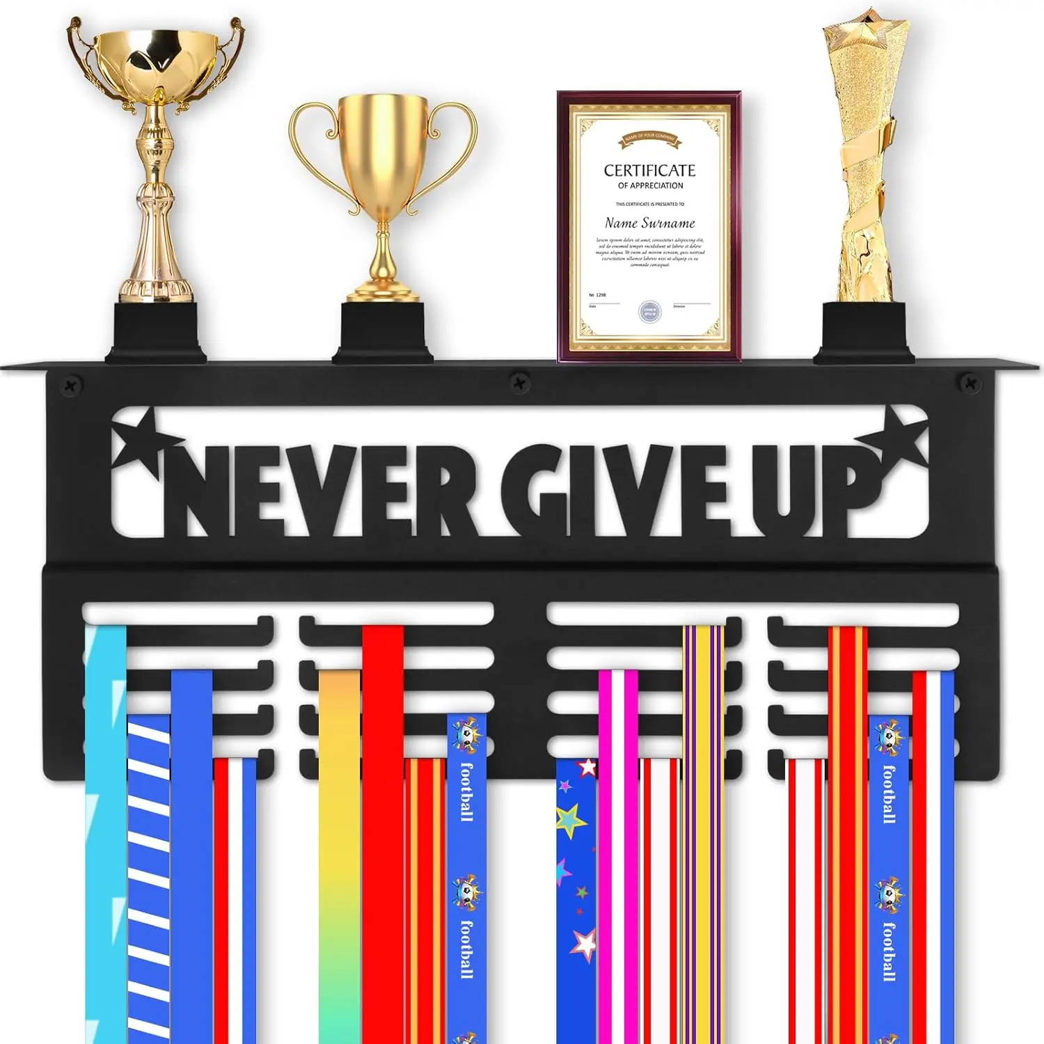 Medal Hanger Display with Trophy Shelf, Upgraded  Medal Holder Trophy Display Shelf Ribbon Holder Simple Wall Hanger with Motivational Words for Gymnastics, Soccer, Softball