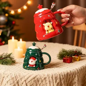 Creative Christmas Cup High-Quality Cartoon Ceramic Mug，Practical Gift Mug with Lid and Spoon