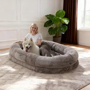 71" Human Dog Bed for Adults & Pets, Giant Orthopedic Dog Bed with Egg Crate Foam, Plush Faux Fur, Includes Blanket & Pillow, Light Gray/Gray
