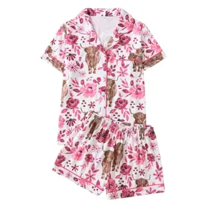 Women’s Floral & Cow Print Satin Pajama Set, Two-piece Short Sleeve Top & Shorts, Comfy Casual Ladies Sleepwear, Satin Womenswear PDQH