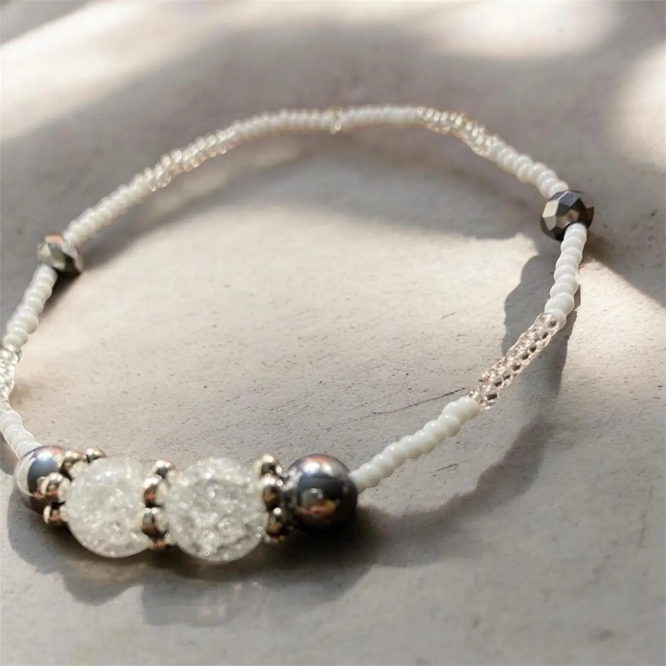 Minimalist White Seed Bead Anklet with Crackle Glass Accent