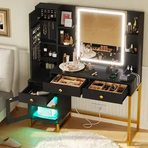 Makeup Vanity Desk with Lights&Charging Station, Vanity Table with with Lighted Mirror&Jewelry Storage&Full Length Mirror Drawers, Dressing Table with RGB Cabinet for Bedroom