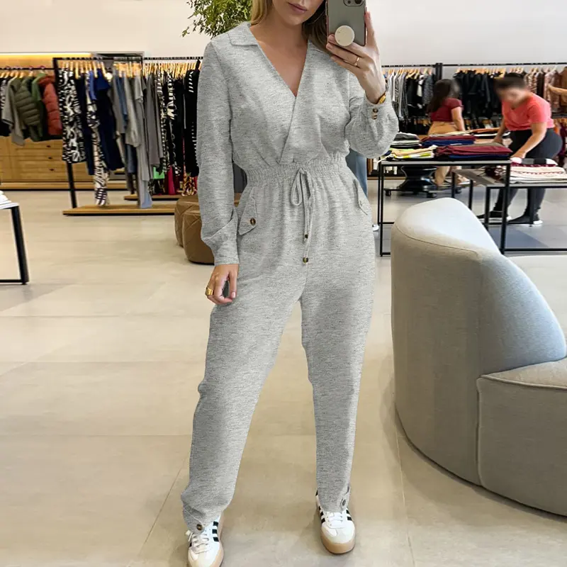 CHICME 2026 Lapel Turn-down Collar Shirred Drawstring Waist Jumpsuit Casual Formal