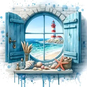 Mediterranean Style Round Window Sea View with Lighthouse, Multiple sizes available including square and round diamonds. This 5D DIY diamond painting set diamond art embroidery kit handmade furniture decor holiday birthday art personalized gift.