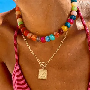 Layered Chunky Letter Necklaces for Women Colorful Resin Beaded Choker Necklace Gold Puffy Necklace Trendy Acrylic Choker Jewelry