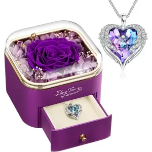 Preserved Real Purple Rose with Angle Wings Necklace, Forever Flowers Gifts for Mom Grandma Wife Girlfriend at Christmas Valentines, Anniversary Birthday Gifts for Women, I Love You Gifts for Her