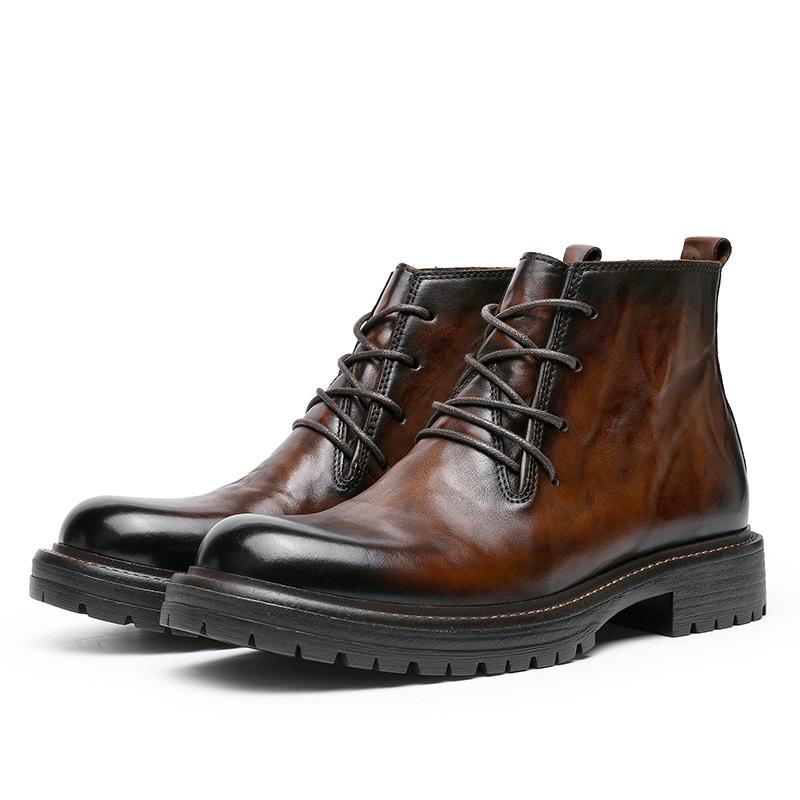 DESAI Leather Ankle Boots Calfskin Men's Classic Soft Handmade lace-up Dress Boot for Motorbike Hiking Walking Footwear Closed Round Toe Winter Fur Shoe Botas Para Hombres DS6319H