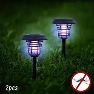 2pcs Solar-Powered Mosquito Repellent Lights with White & Purple Light Modes, Solar Powered Wall Garden Bug Control Light with Auto On/Off Sensor and Safety Grid for Garden, Patio, Lawn & Road