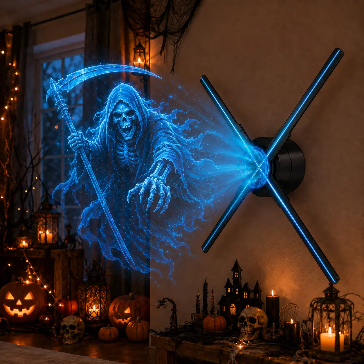 3D Hologram Fan Projector Light, WiFi and App Control, Halloween ghost 3D projector, Christmas Decorative Lights