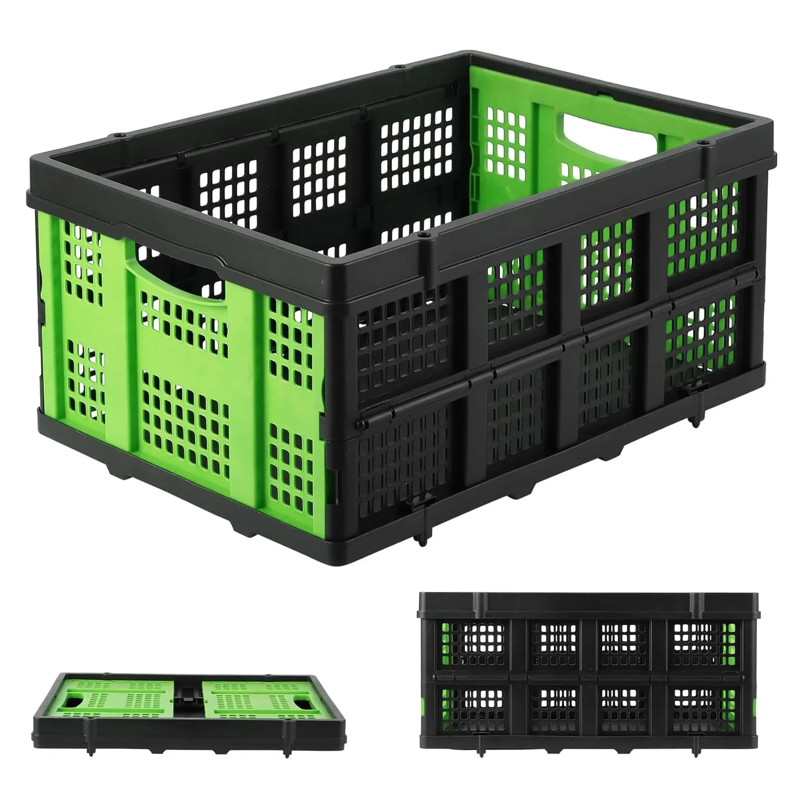 Garvee 55L Foldable Heavy Duty Plastic Milk Crate with Side Handles, Stackable Collapsible Storage Container for Food, Drinks, Books, Tools, and More, Durable Green Folding Basket