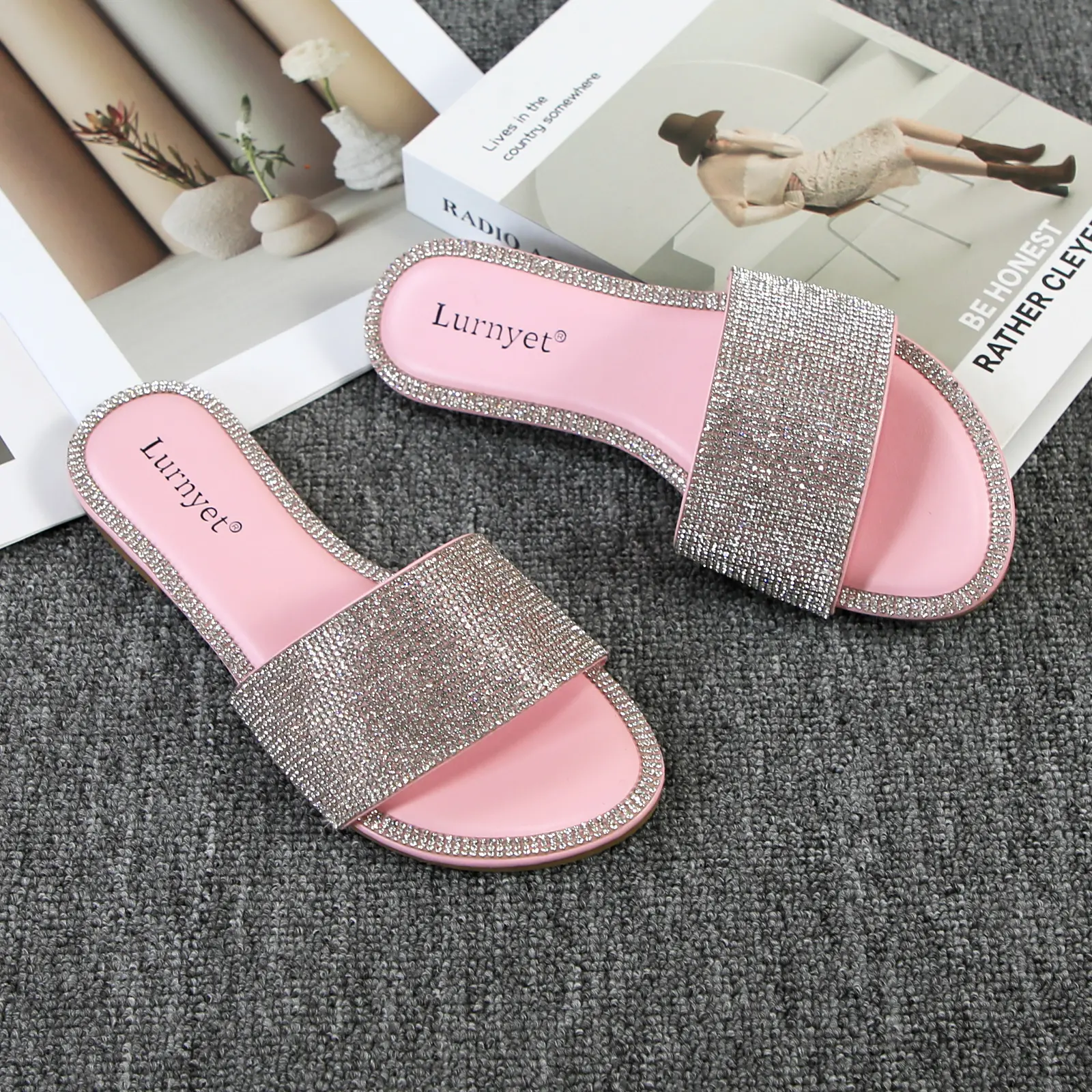 Women's Bedazzled Open Toe Footwear Strap Slides - Sparkling Rhinestone Slip-On Sandals for Casual Summer Shoes