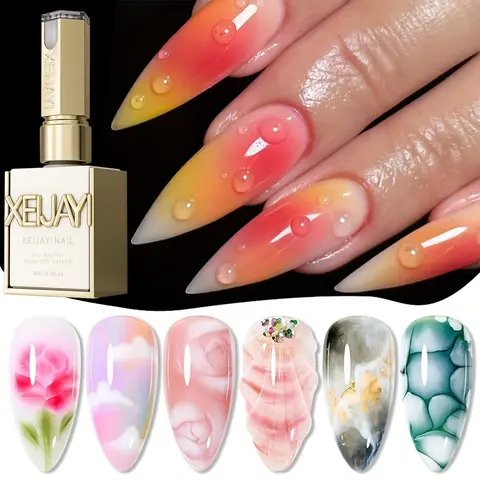 XEIJAYI Blooming Gel Nail Polish 15ml TPO & HEMA Free - Fast Bloom Gradient Water Dye Effect with Soft Color Diffusion, Subtle Glitter, Soak-Off UV/LED Gel for Almond, Flower Nail Art, Home & Salon