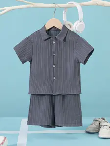 Toddler Boys Fashion 2-Piece Set, Striped Sets, Wave Stripe Pattern Short Sleeve Shirt Shorts, Suitable for 3-8 Year Old Boys Summer, Preppy Casual School Wear