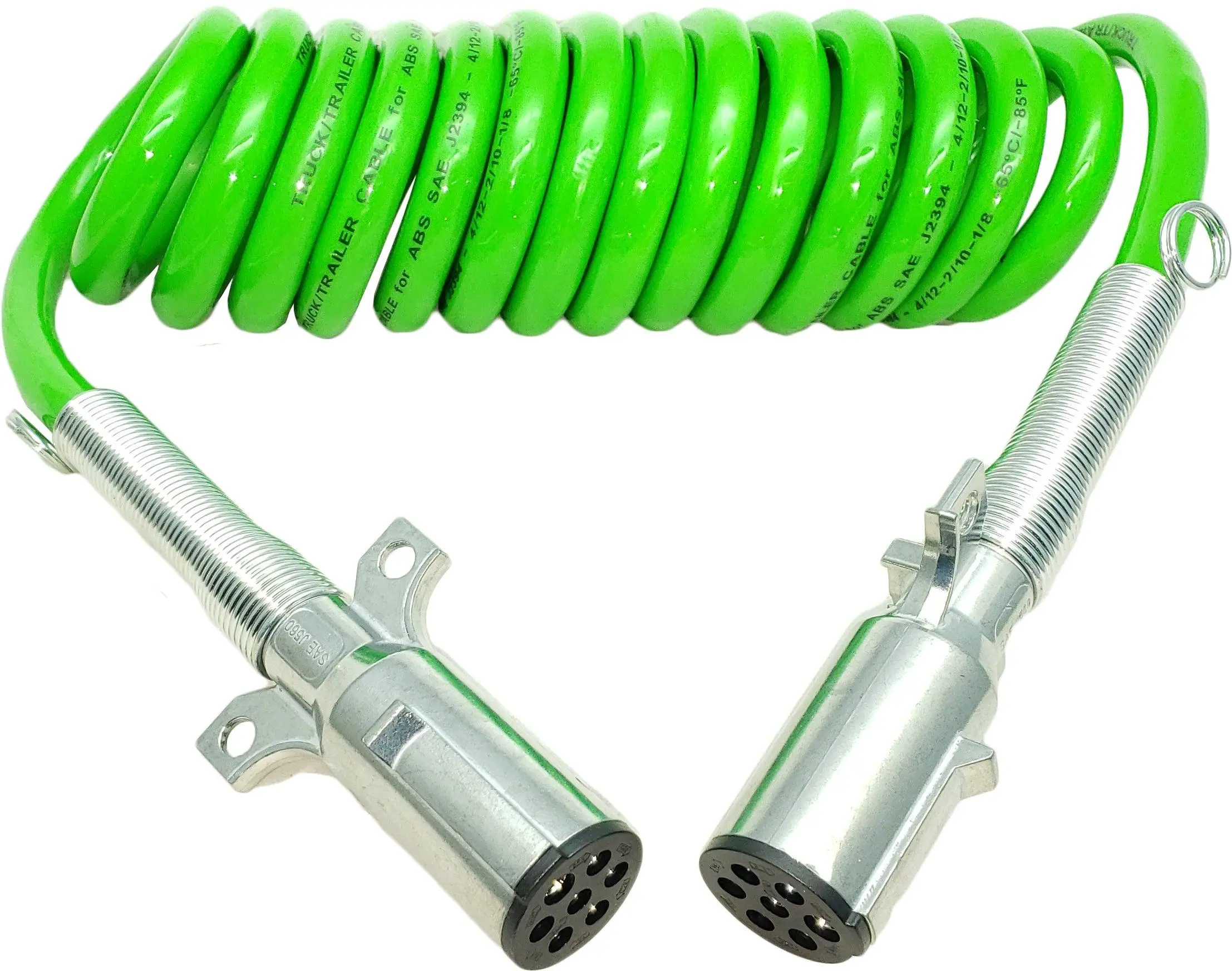 TORQUE 7 Way Coiled Trailer Cord 15 FT Green ABS Electrical Power Coil Heavy Duty Cable Power Wire Cable for Semi Trucks Trailer Tractors (TR831160)