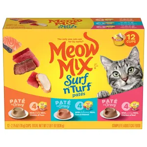 Meow Mix Pate in Gravy Surf n’ Turf Pates Variety pack, Wet Cat Food, 2.75 oz Cup, 12 pack
