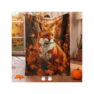1pc Autumn Fox Blanket - Realistic Fox And Falling Leaves High-Definition Digital Print - Soft Flannel All-Season Throw, Suitable For Sofa, Bed, Travel, Home, Office - Cozy Decorative Gift For Nature Lovers, Comfortable Plush Texture-30*40in