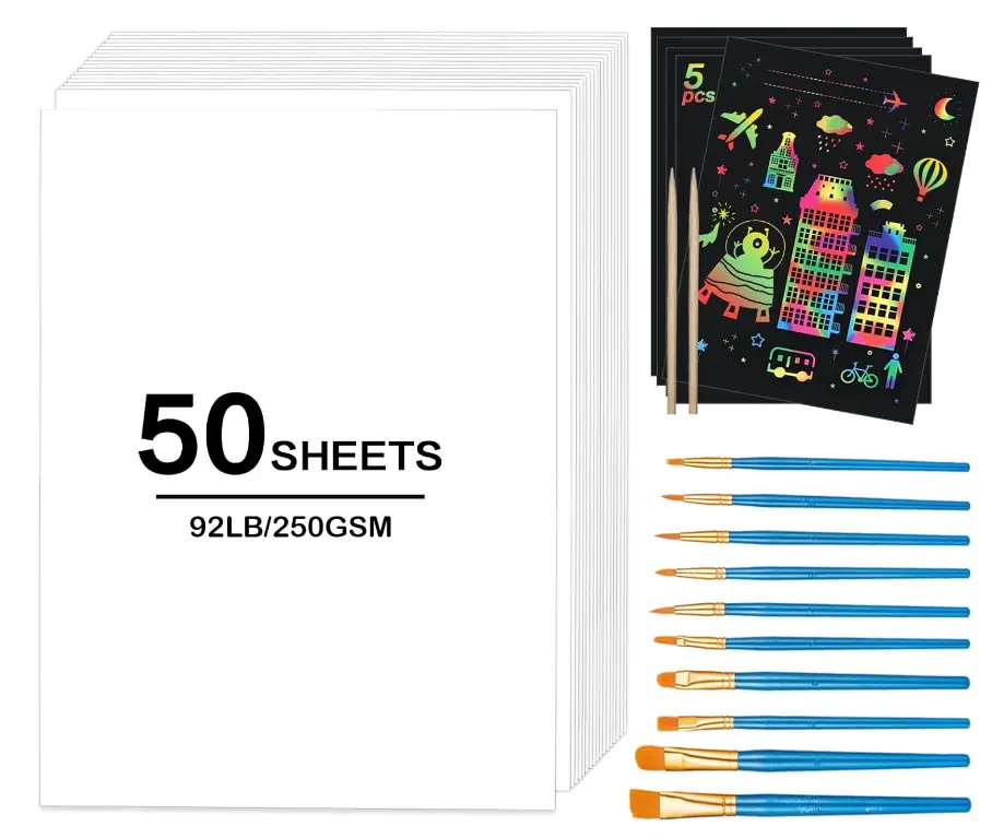 50 Sheets White Cardstock 8.5 x 11" with 5 Scratch Papers 10 Painting Brushes, 250gsm/92lb Heavyweight White Cardstock Paper Solid Core No White Core for Crafts, DIY Cards, Wedding and Drawing