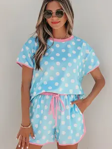 Womens 2 Piece Lounge Set Casual Short Sleeve Tops and Shorts Polka Dot Tracksuit with Pockets