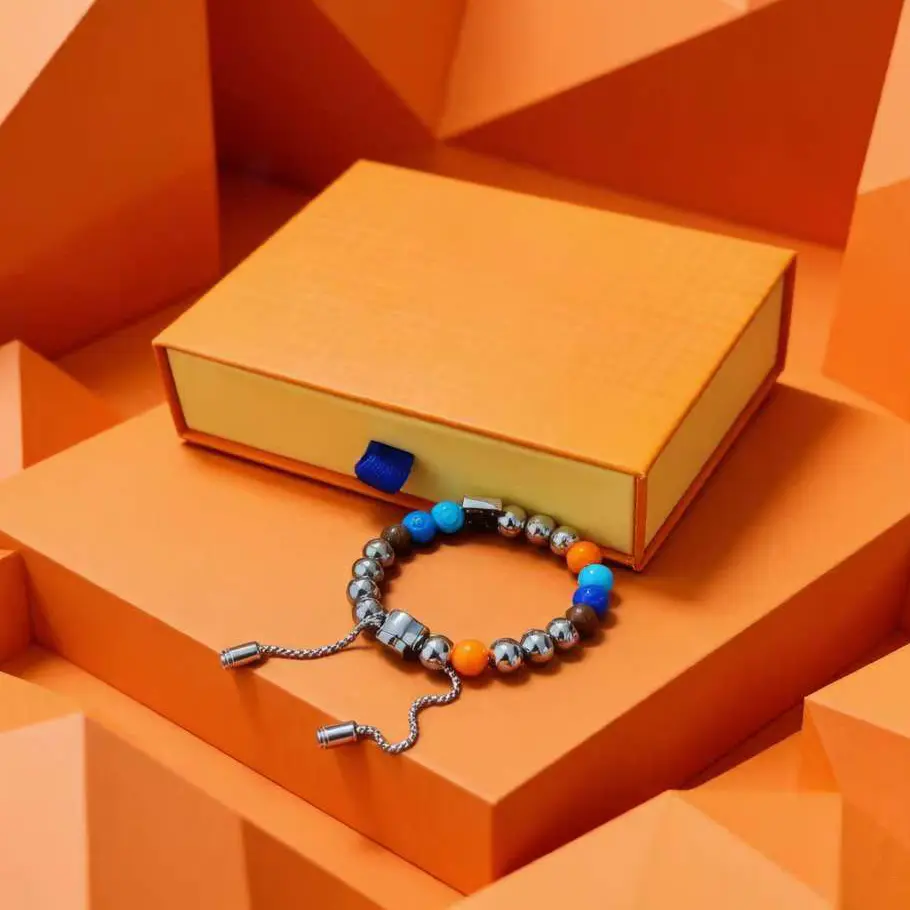 Contrast color steel beads adjustable push pull bracelet blue orange colored print round beads men and women couple matching bracelet, wearing gift box