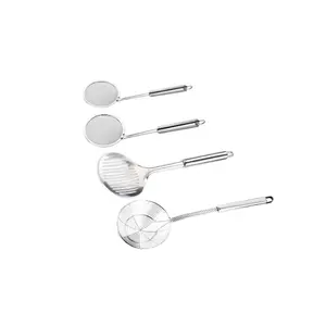 4 Pcs Stainless Steel Spider Strainer Skimmer Ladle Set - Heavy Duty Wire Mesh Kitchen Utensils with Holes, Long Handle, Oil-Scoop Spoon Function - Dishwasher Safe, Rustproof for Frying, Pasta