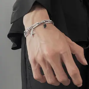 Titanium Steel Double Layer Star Charm Bracelet for Men Women, Silver Snake Chain Curb Link Wristband with Black Marquise Crystal, Minimalist Dark Grunge Anti-Tarnish Hand Jewelry for Street Daily Office Birthday Gift