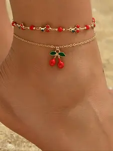 Two-Piece Sweet Cool Style Cherry Fruit Beach Waterproof Fashion Anklet Set, Women's Double Layer Chain Anklets, Trendy Foot Jewelry