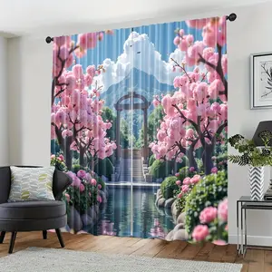 2pcs, Curtains Are Popular in All Seasons, Japanese Cherry Blossom Cloth, Art Deco Style, Extra Large Fabric, Perfect for Kitchen, Farmhouse, Living Room, and Bedroom Decor, (rod Free)