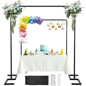 Square Backdrop Stand, 8.2FT Black Wedding Arch, Balloon Arch Stand, Over The Table Rod Stand with Clamps, Photo Booth Background, Backdrop Frame for Valentines Day