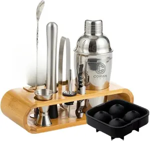 Cocktail Shaker Set Bartender Kit with Stand – Professional Bar Set for Home Bar – Martini Shaker, Jigger, Muddler & Strainer – Complete Drink Mixer & Bar Tools Set for Cocktails and Mixology 10 Pcs