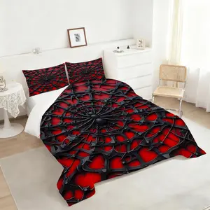 2/3Pcs Spider Web Art Comforter Set, Unique Black and Red Bedding Set,Web Spider Design, Perfect for Statement Bedroom Decor, Stylish and Cozy Bedding for Modern Homes. 1 or 2 Pillowcase No Pillow Core