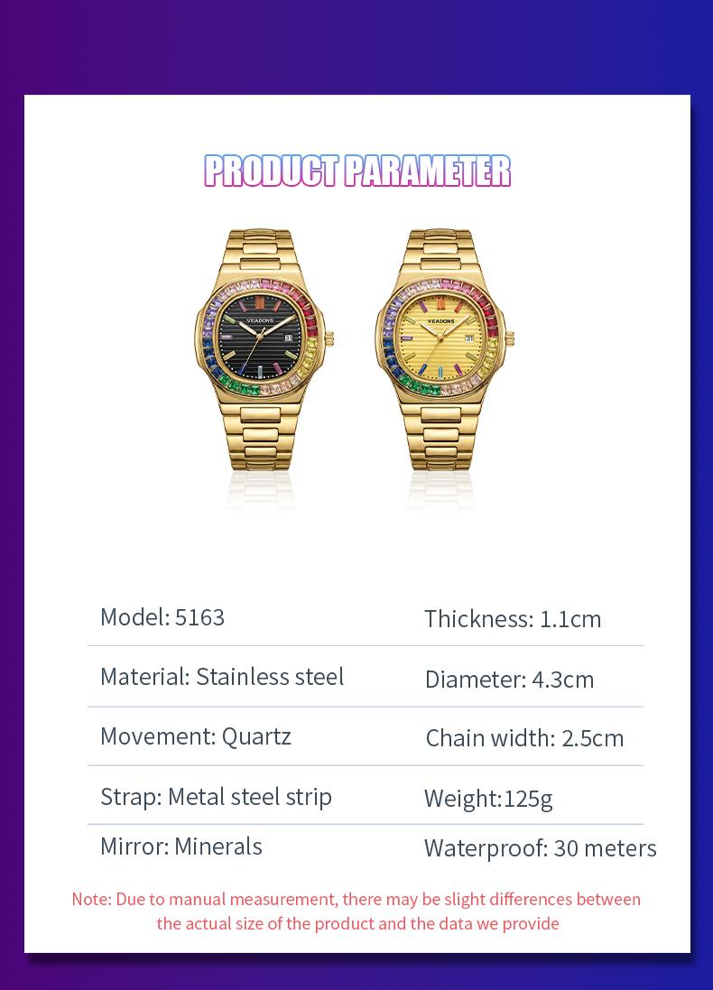 Brand Counter Authentic Premium Boutique Luxury Square Wristwatch – Rainbow Crystal Accents | High‑End Men’s Timepiece with Diamond Mirror Finish  | Versatile Casual & Business Look | Ideal Gift for Him | Stylish Wristwatch with Date Function