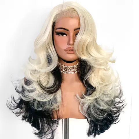 BLACKSWERN Feather Layers wig 13x6 HD Lace Front Glueless Synthetic wigs with bangs Pre-Plucked Natural Hairline 22inch