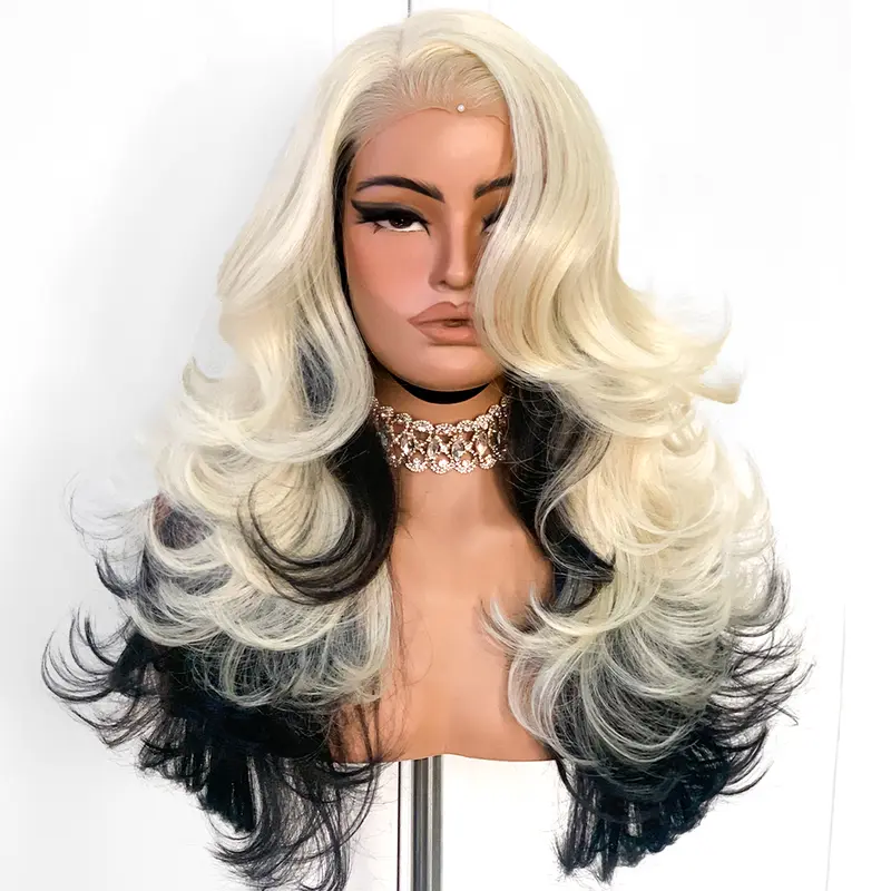 BLACKSWERN Feather Layers wig 13x6 HD Lace Front Glueless Synthetic wigs with bangs Pre-Plucked Natural Hairline 22inch