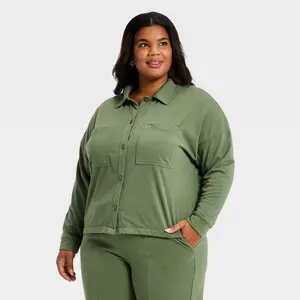 Women's Lightweight Fleece Collared Button-Down Shirt - Universal Thread Olive Green 3X
