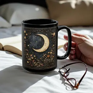 Crescent Moon And Wildflower Mandala Mug 11oz 15oz, Dark Cottagecore Floral Ceramic Cup, Witchy & Gothic Botanical Ceramic Mug